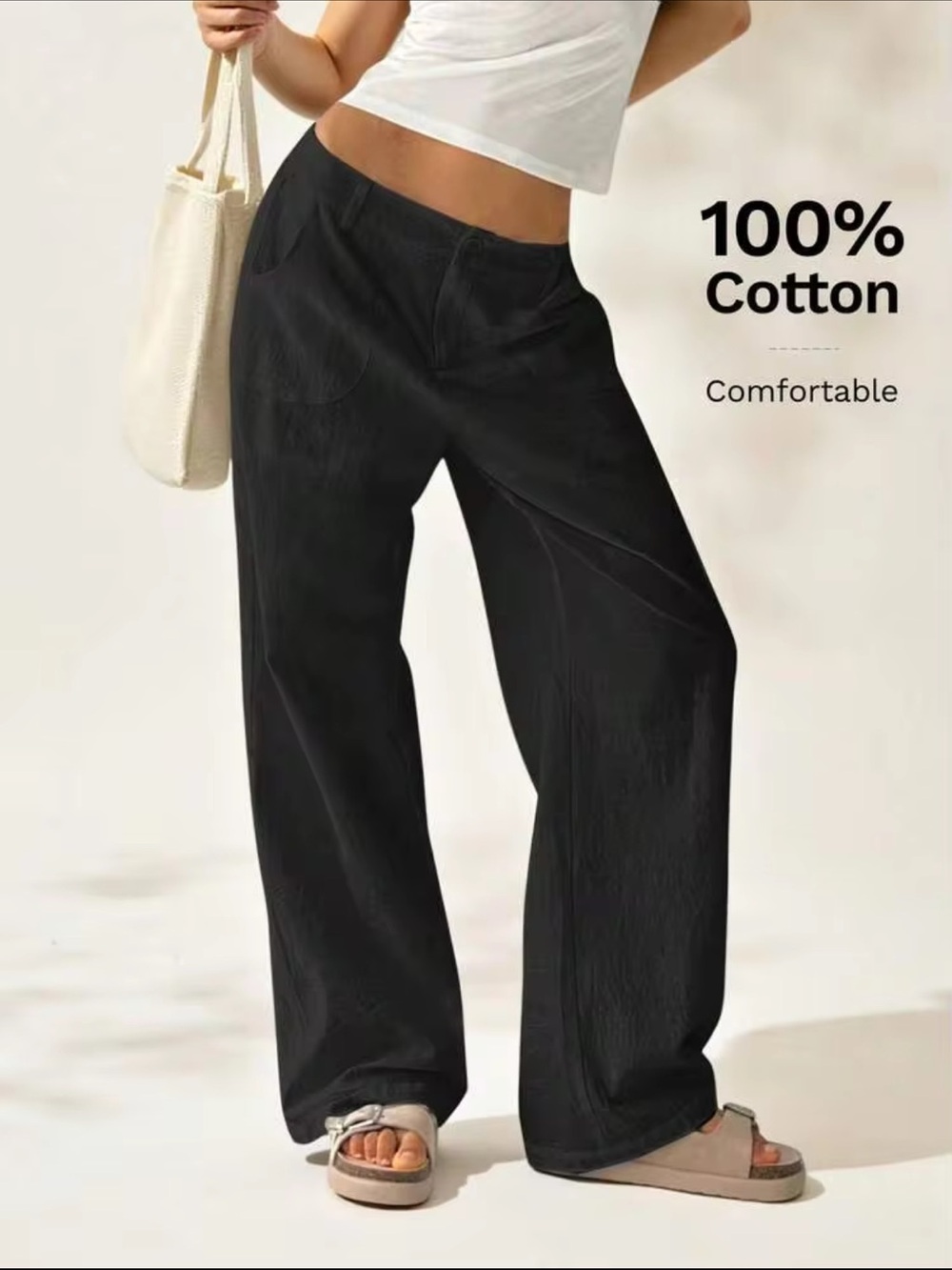 Wide Leg Black Cotton Pants